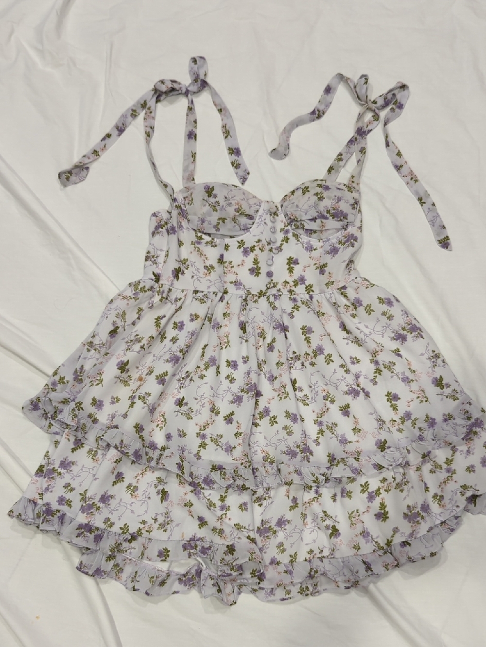 Cider Lavender Romantic Flowy Floral Tie-Shoulder Sundress Mini Dress Sun Dress